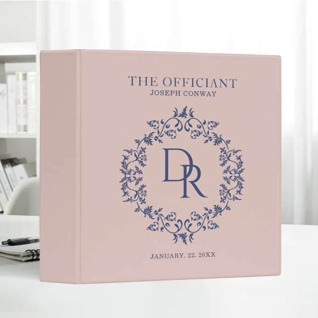 The Officiant Wedding Elegant Monogram Pink 3 Ring Binder (Creator Uploaded)