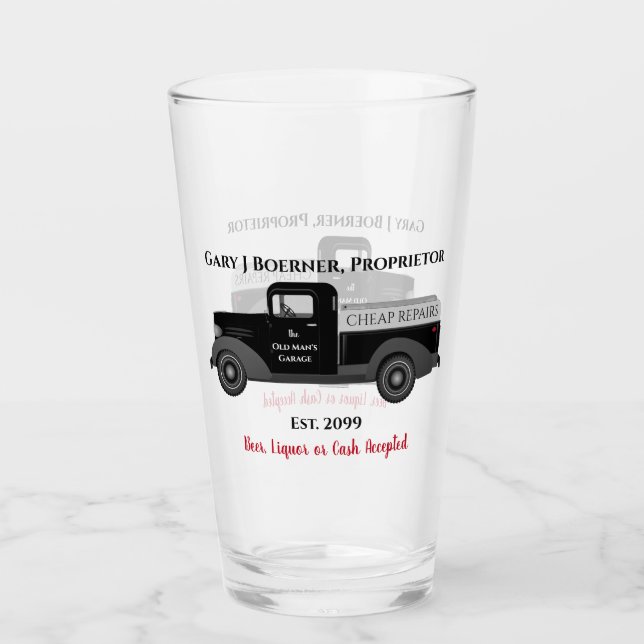 The Old Man Garage Pint Beer Soda Glass (Front)