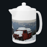 The Old Red Truck Teapot<br><div class="desc">A wintry, rural scene featuring a snow-covered, dilapidated, old, red truck sitting near a ramshackle cabin near Sandpoint, ID.</div>