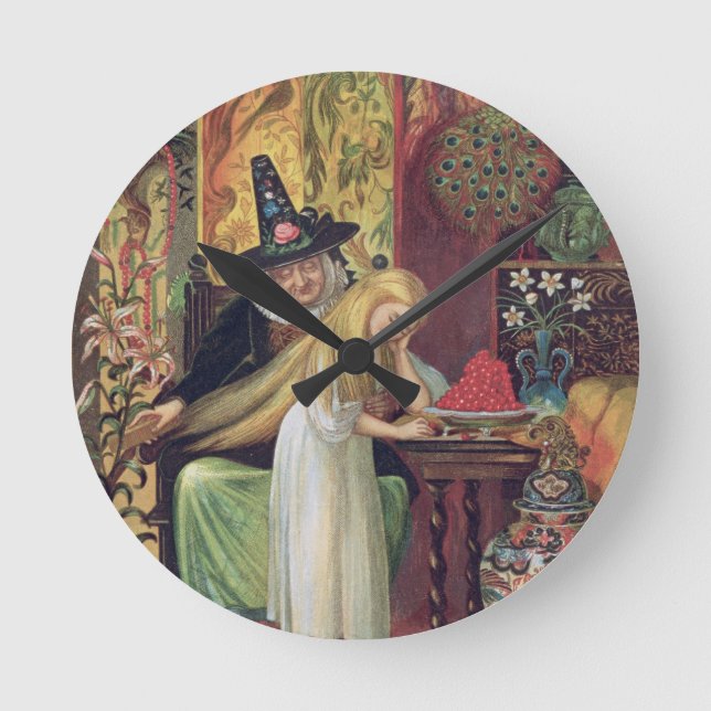 The Old Witch combing Gerda's hair with a golden c Round Clock (Front)
