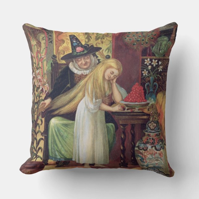 The Old Witch combing Gerda's hair with a golden c Throw Pillow (Front)
