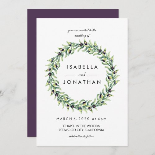The Olive Grove  Watercolor rustic Wreath wedding Invitation