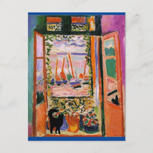 The Open Window with Black Cat Parody Postcard (Front)