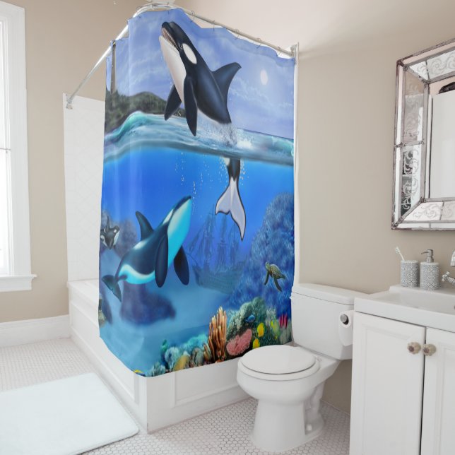 The Orca Family Shower Curtain (In Situ)