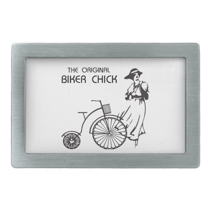 The original biker chick, vintage bike and female rectangular belt buckle