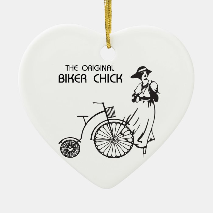 The original biker chick, vintage bike and female christmas ornament