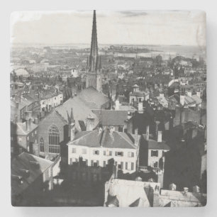 The ornamented spire of a church in Boston Stone Coaster
