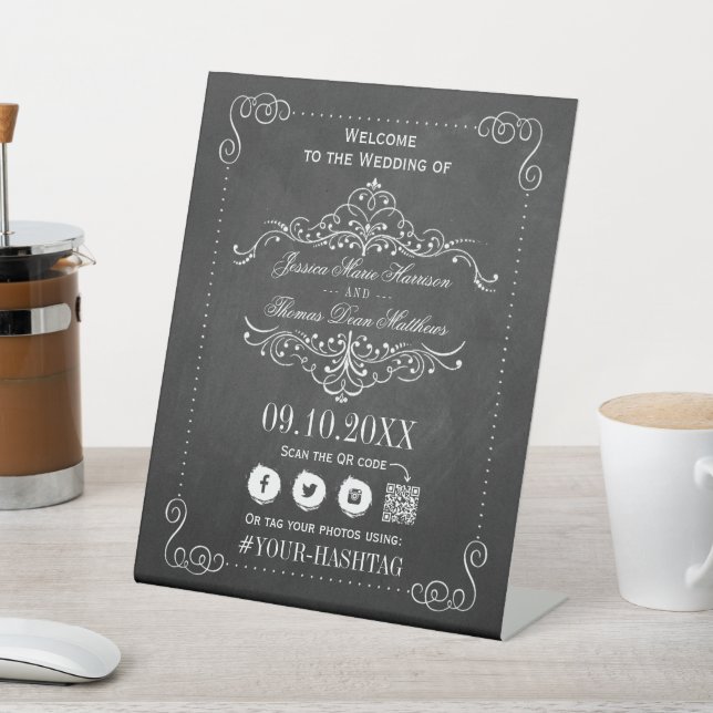The Ornate Chalkboard Wedding Collection Pedestal Sign (In SItu)