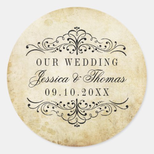 The Ornate Flourish Vintage Wedding Collection Classic Round Sticker