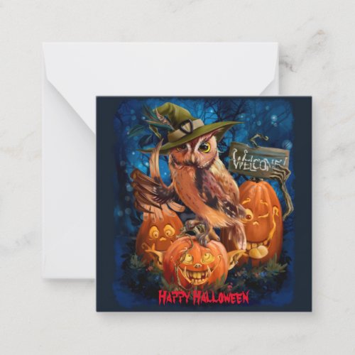 The owl in the magic hat and her pumpkins friends	 note card