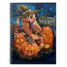 The owl in the magic hat and her pumpkins friends