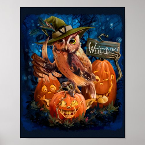 The owl in the magic hat and her pumpkins friends	 poster