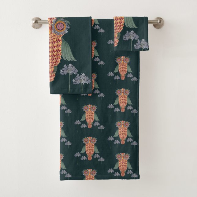 The Owl of wisdom and flowers Bath Towel Set (Insitu)