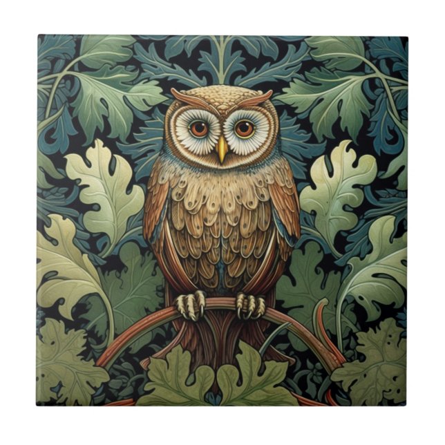 The owl on an oak tree ceramic tile (Front)