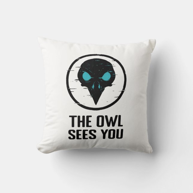 The Owl Sees You - Glitch Eye Horror Shirt - White Throw Pillow (Front)