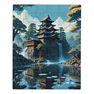 The painting of a Japanese Monestry with trees and Jigsaw Puzzle