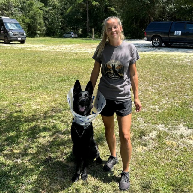 The Pantera T-Shirt (Our trainer Emily in a Pantera T-Shirt with Pantera wearing a cone after her emergency surgery.)