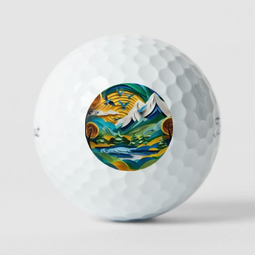 The paper cut mountain scene is beautiful with the golf balls