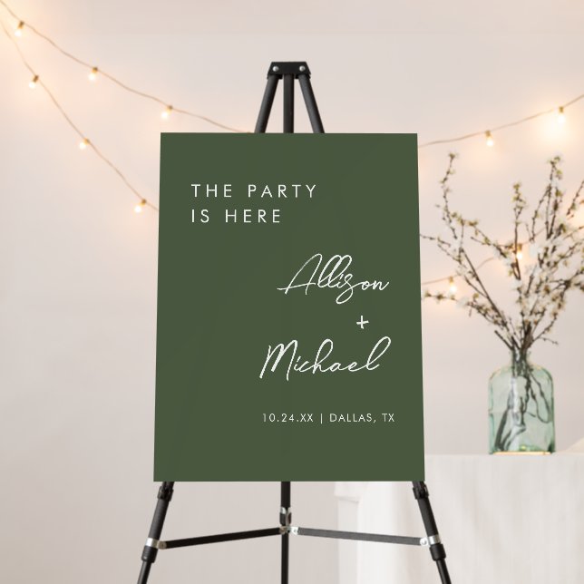 The Party Is Here Olive Green Wedding Reception Foam Board (In Situ (Stand))