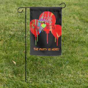 The Party Is Here Red + Black  Garden Flag