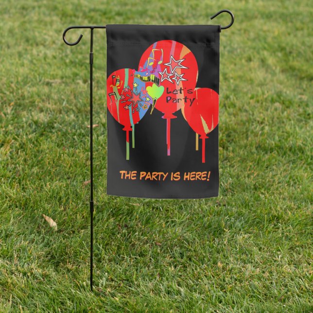 The Party Is Here Red + Black  Garden Flag (In SItu)