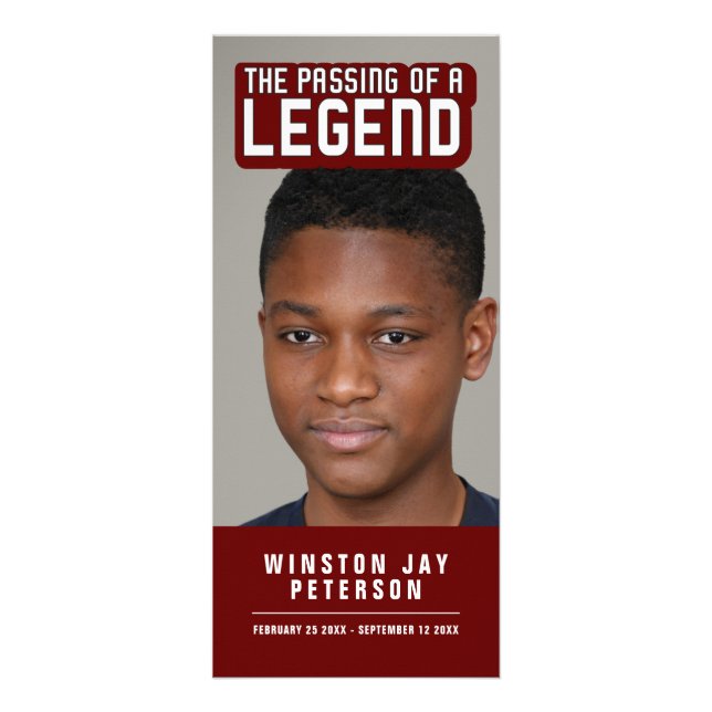 The passing of a legend modern dark red memorial rack card (Front)