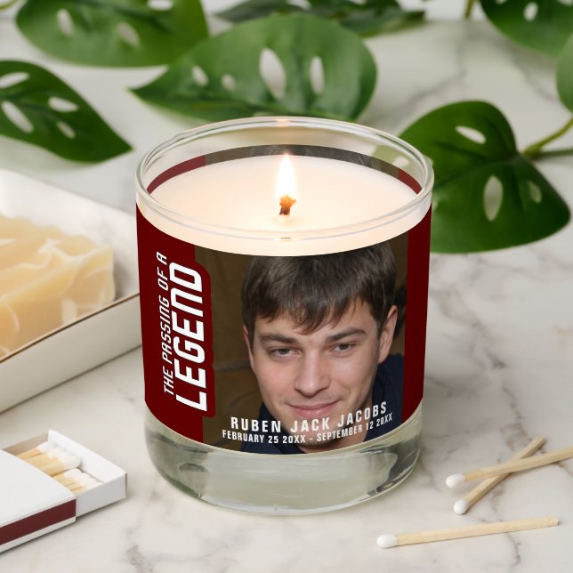 The passing of a legend two photos memorial maroon scented candle (Lit)