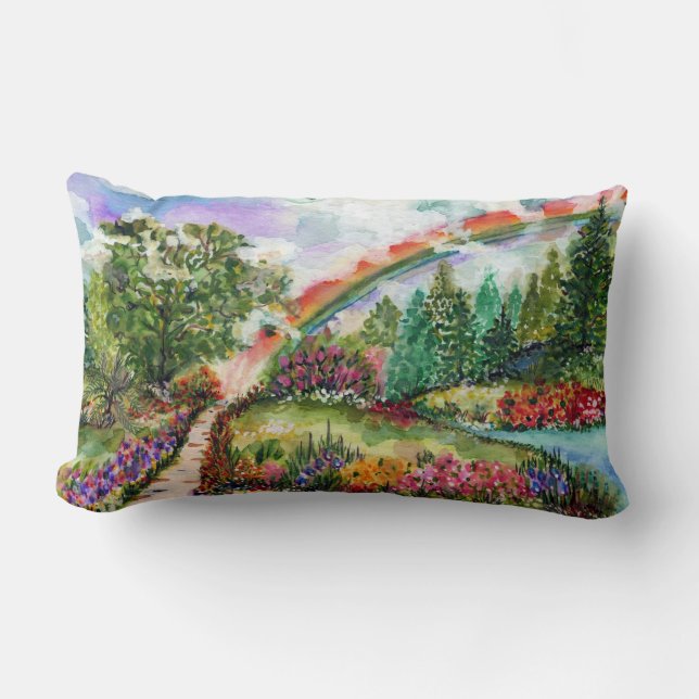 The Path. Rainbow and flowers.  Lumbar Pillow (Front)