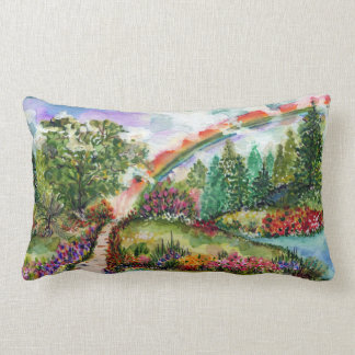 The Path. Rainbow and flowers.  Lumbar Pillow