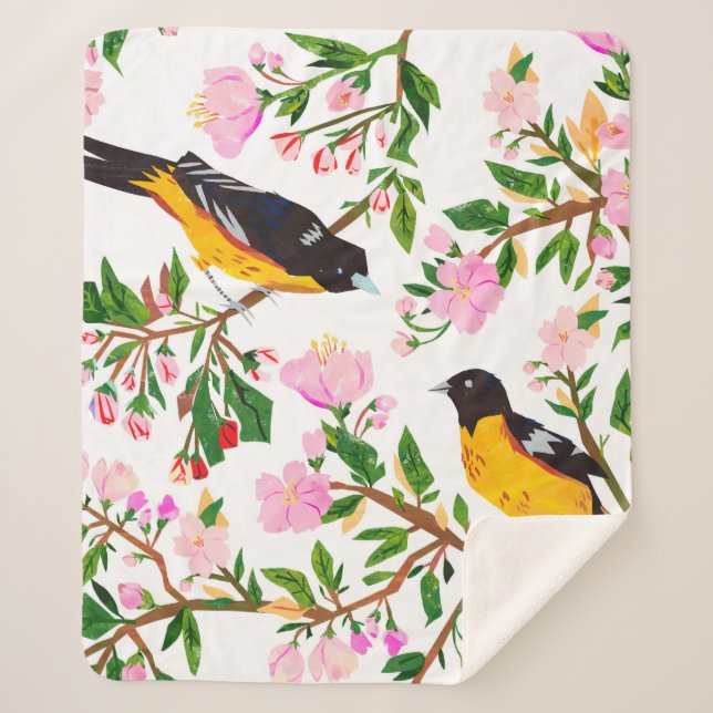 The pattern is with birds and flowers. It is creat Sherpa Blanket (Front)