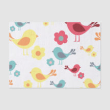 the pattern of vintage birds - pink, blue, yellow,