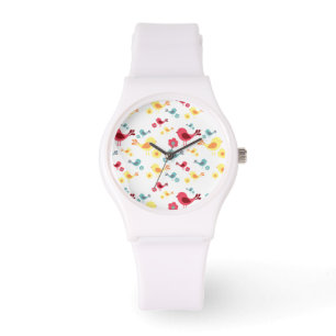 the pattern of vintage birds - pink, blue, yellow watch