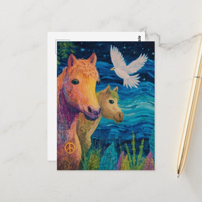 The Peace Ponies and a Bird Postcard (Front/Back In Situ)
