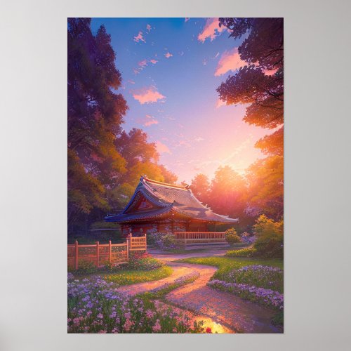 The Peaceful Wooden House at Sunset Poster