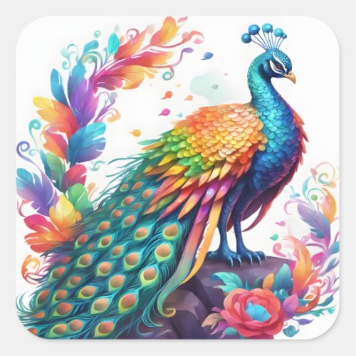 The peacock is a brightly colored bird that is kno square sticker
