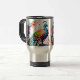 The peacock is a brightly colored bird that is kno travel mug