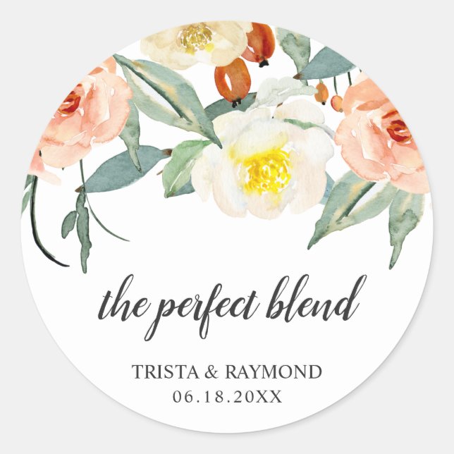 The Perfect Blend Peach Floral Wedding Favor Classic Round Sticker (Front)