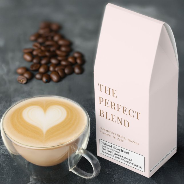 The Perfect Blend Pink Gold Bridal Shower Favor Roasted Coffee (Brew love with "The Perfect Blend" - elegant premium coffee favors for your bridal shower)