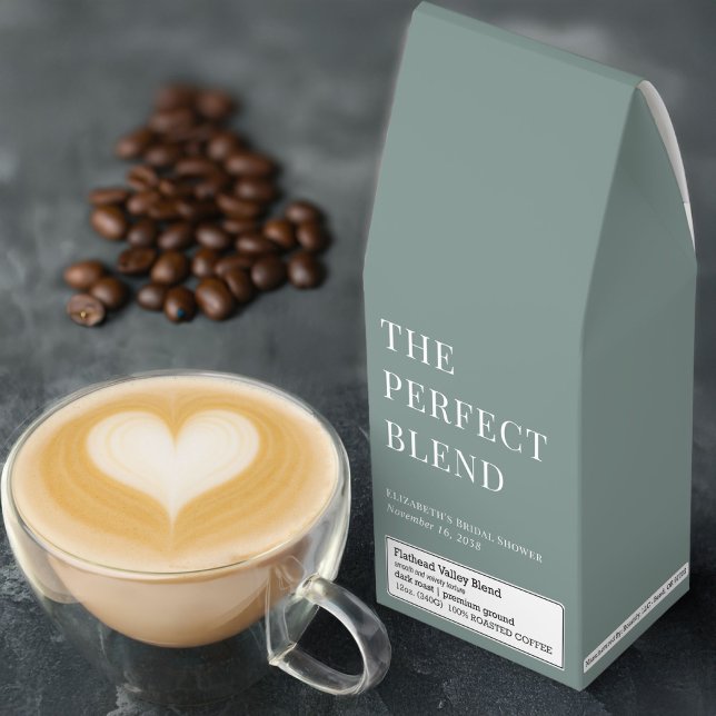 The Perfect Blend Sage Green Bridal Shower Favor Roasted Coffee (Brew love with "The Perfect Blend" - elegant premium coffee favors for your bridal shower)