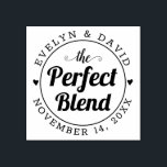 The perfect blend, wedding date and names wedding rubber stamp<br><div class="desc">The perfect blend quote and hearts wedding rubber stamp wedding wood stamp. It showcases your names and date of wedding in curved text,  the love quote "The Perfect Blend" in bold typography and is accented with two hearts.</div>