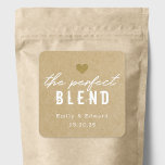 The Perfect Blend Wedding Favor Kraft Square Sticker<br><div class="desc">Custom-designed wedding coffee favor square stickers featuring "The Perfect Blend" modern hand script design. Personalize with bride and groom/couple's names and wedding date for a touch of style on wedding coffee grounds/beans favors and gifts.</div>