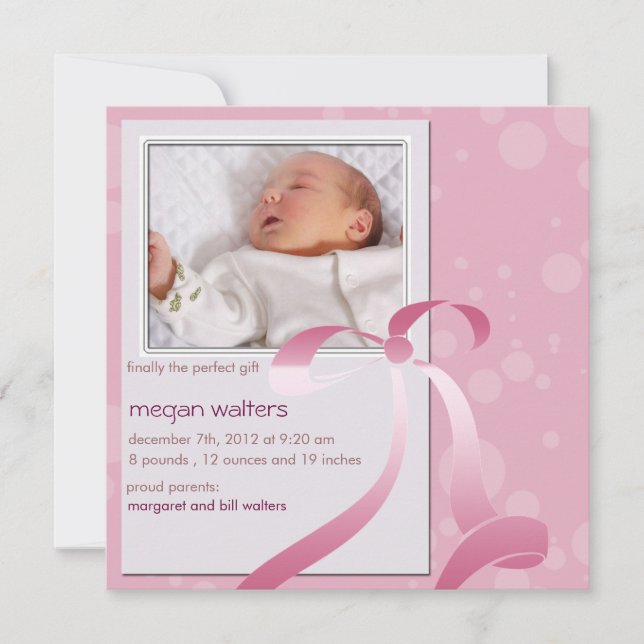 the perfect gift -baby girl announcement card (Front)