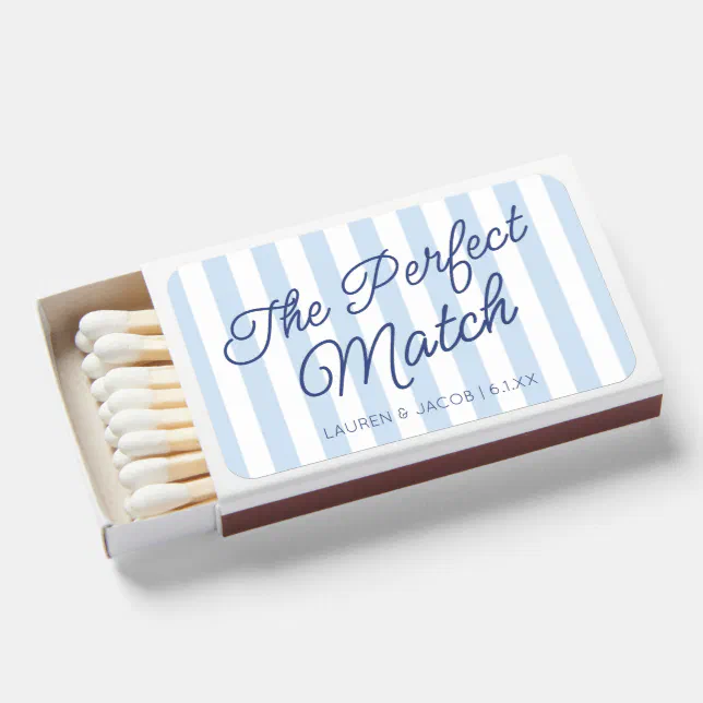 The Perfect Match Blue Stripes Wedding Matchboxes | Zazzle