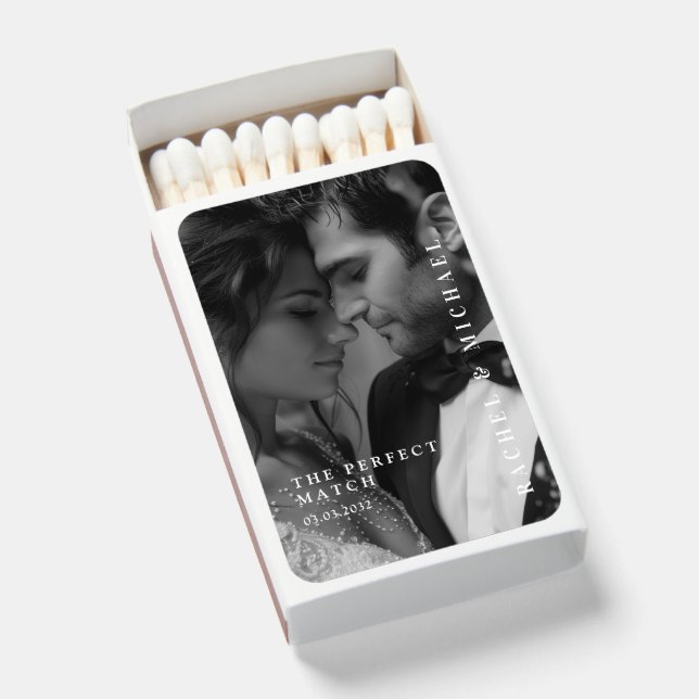 The Perfect Match!Bold Trending B&W Photo Wedding  Matchboxes (Front Open)