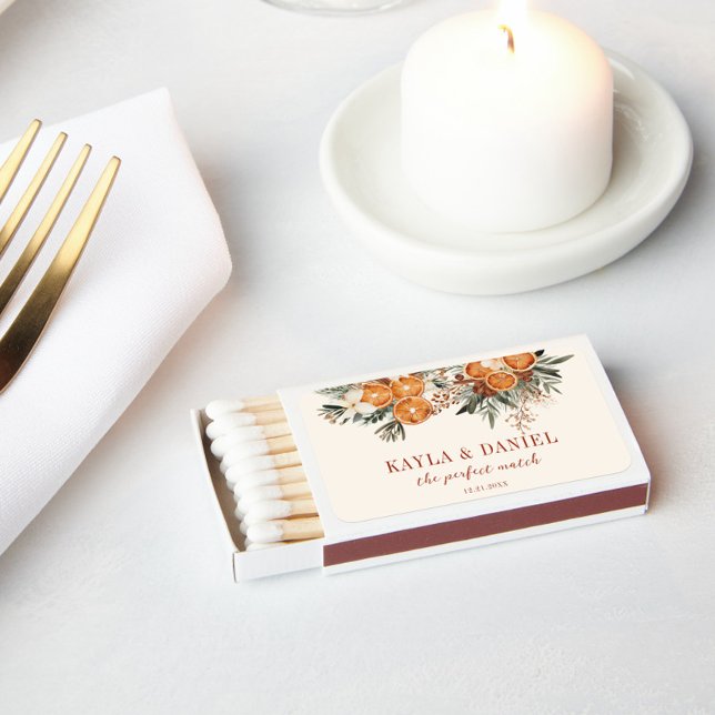 The Perfect Match Citrus Floral Wedding Matches (The Perfect Match Burnt Orange Citrus Wedding Matches, Wedding Favors, Thank you gifts, matchbox)
