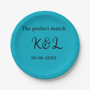 The perfect match couple name letter date blue sim paper plates