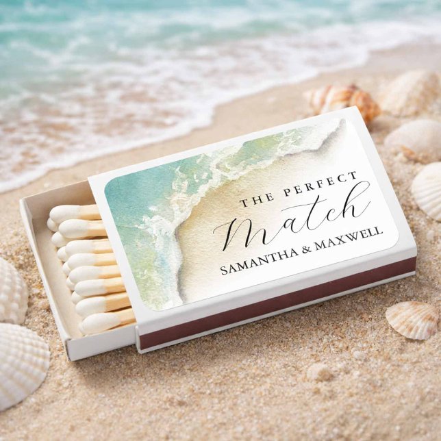 The Perfect Match Destination Beach Wedding (Personalized beach wedding favors online features matches designed with watercolor seashore art)