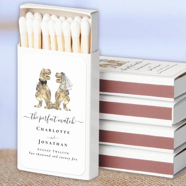 The Perfect Match Dinosaur Bride and Groom Wedding (Perfect match Dinosaur wedding personalized matchbox label Elegant script T-Rex dino bride & groom)