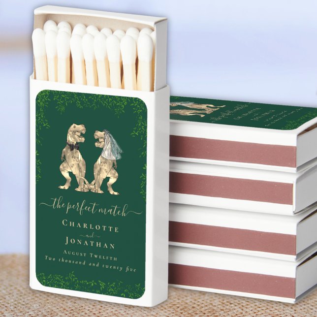 The Perfect Match Dinosaur Bride and Groom Wedding (The perfect match dark green Dinosaur wedding personalized matchbox favors)