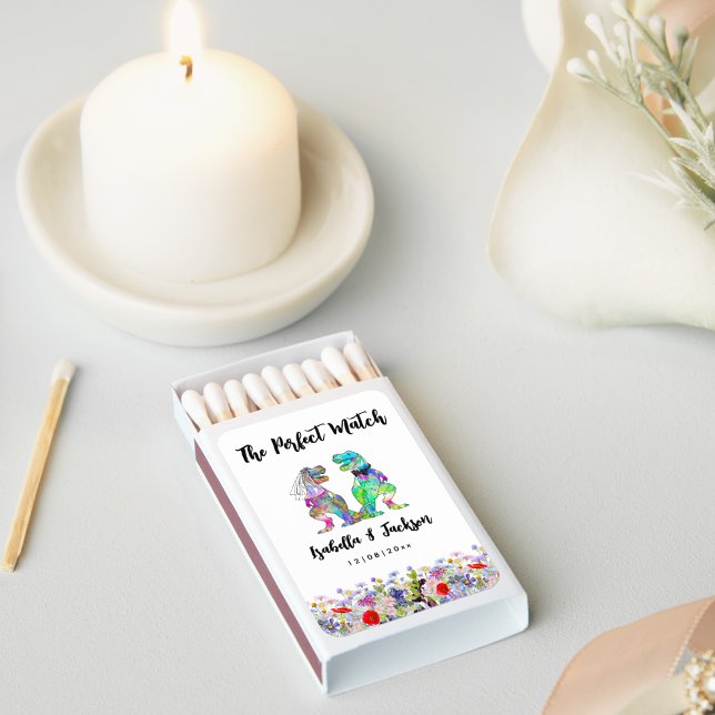 The Perfect Match Dinosaur Wedding Quote (Boho wildflower dinosaur wedding favor custom matchbox the perfect match)